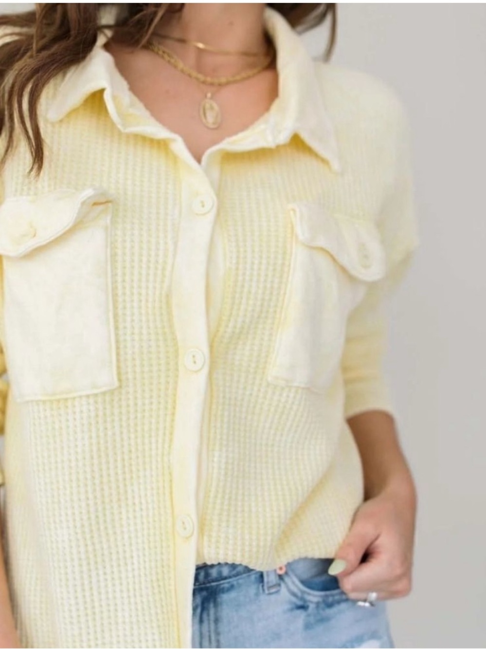 THE POST- STEPH Pale Yellow Waffle-Knit Button-Up Cardigan Shirt